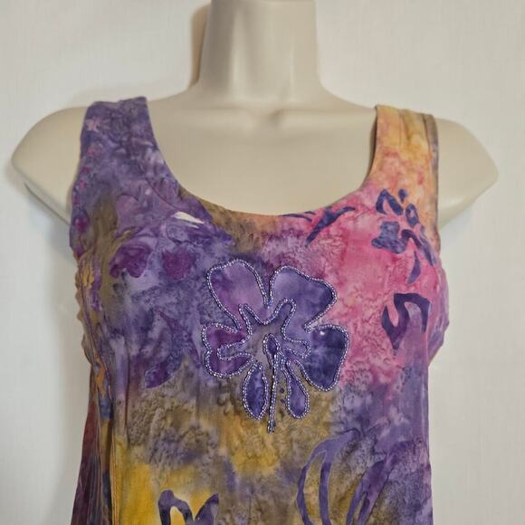 Vtg Tropical Tantrum Tie Dye Slit Maxi Beaded Dress Medium Multicolor Hawaiian - Picture 3 of 10